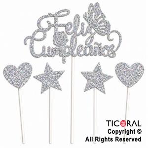 CAKE TOPPER FELIZ CUMPLEA�OS CON ESTRELLAS Y CORAZONES GIBRE PLATA